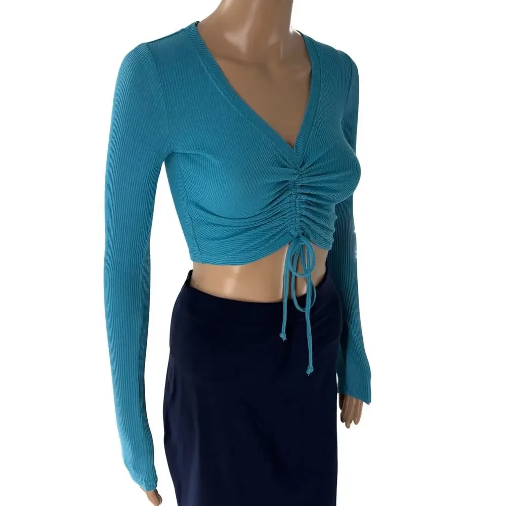 Alo Yoga Blue Ribbed Cinch Ruched Crop Top